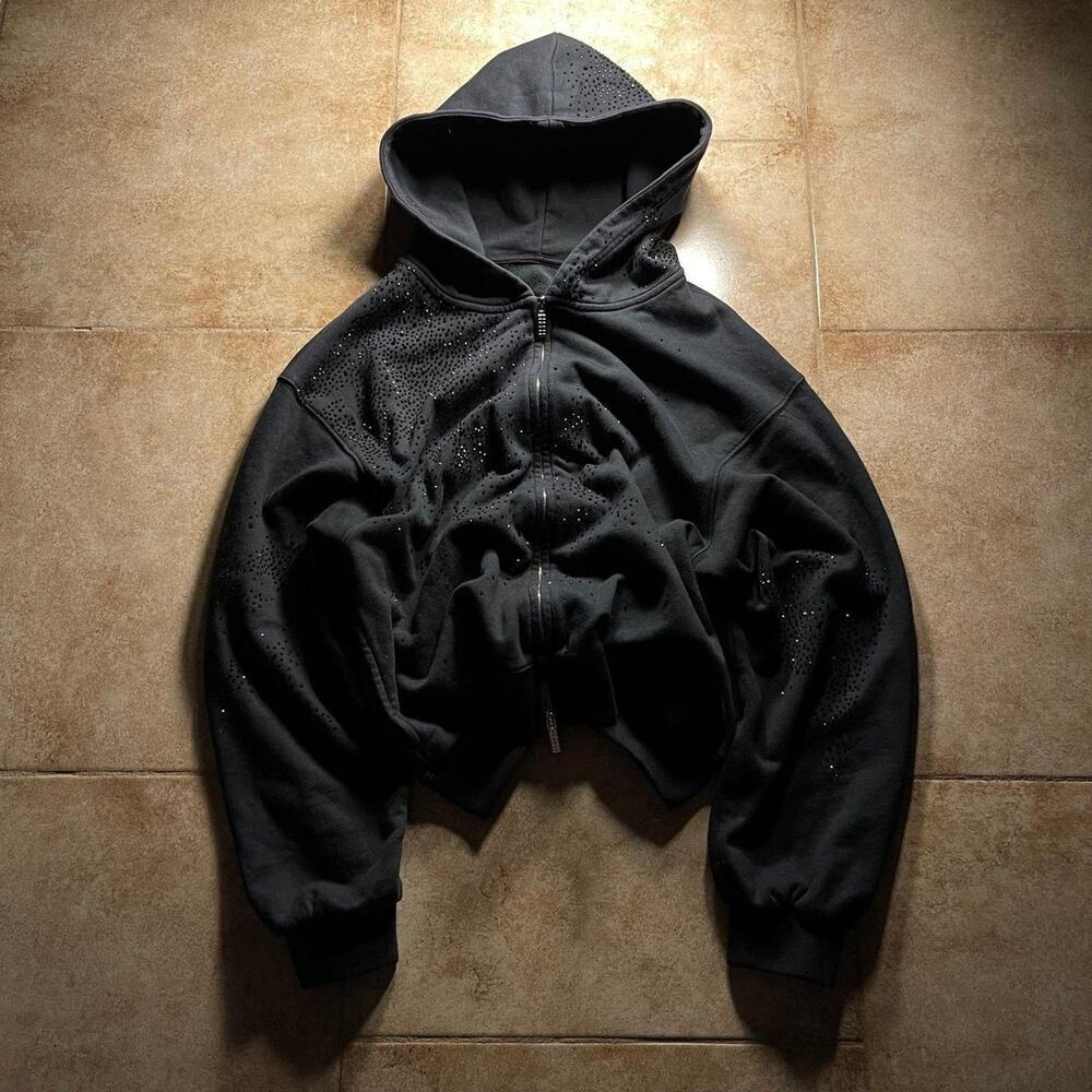 Vintage Black Rhinestone Zip Up Hoodie